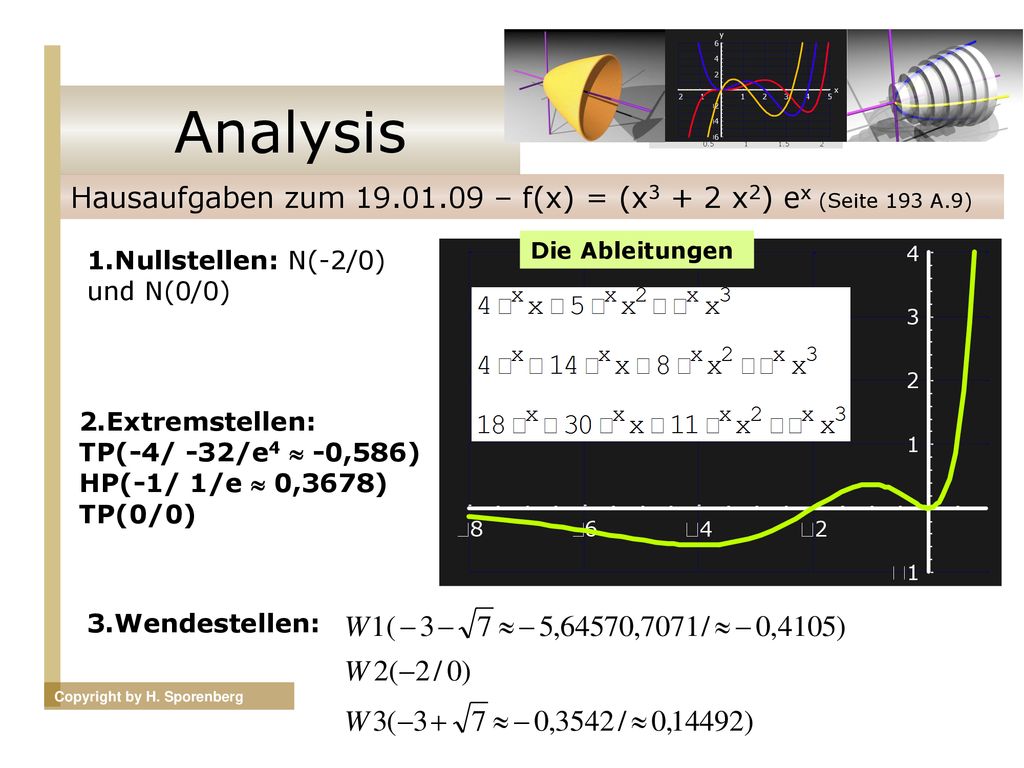 Analysis Hausaufgaben zum – f(x) = (x3 + 2 x2) ex (Seite 193 A.9) Die Ableitungen. 1.Nullstellen: N(-2/0) und N(0/0)