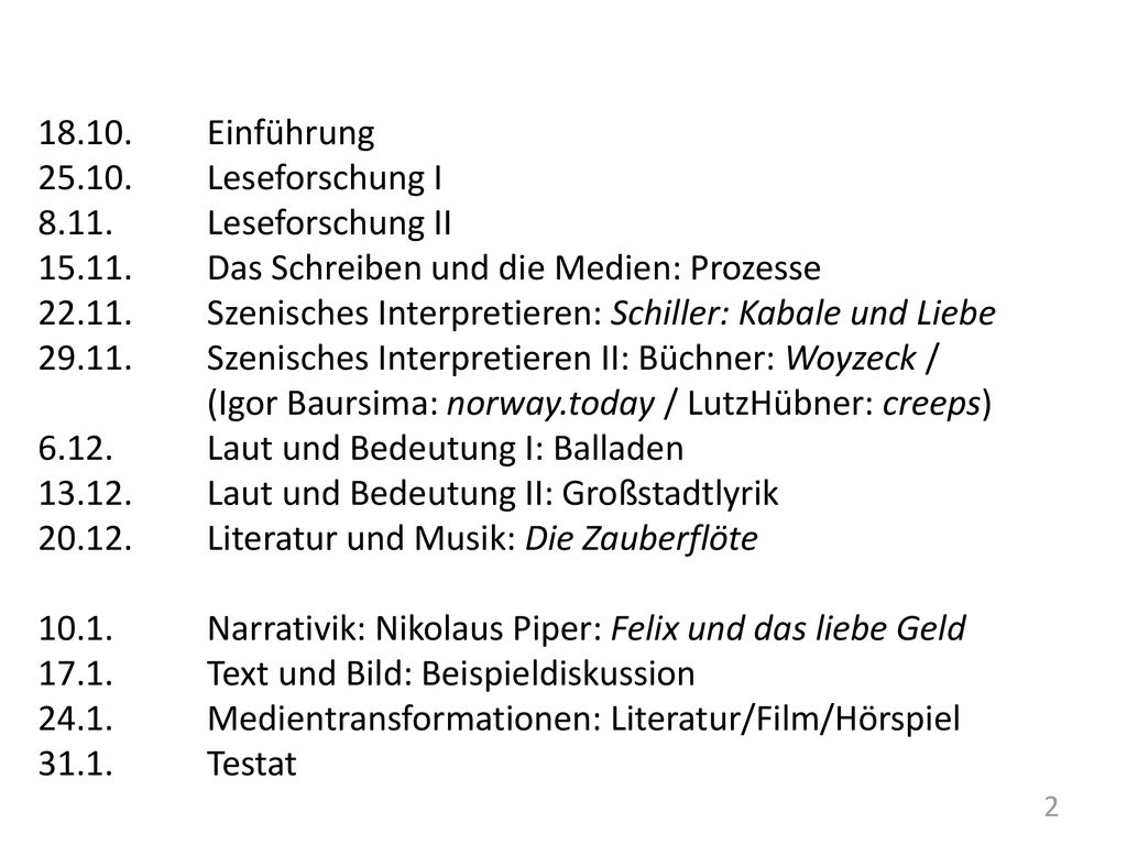 Einführung Leseforschung I Leseforschung II Das Schreiben und die Medien: Prozesse.