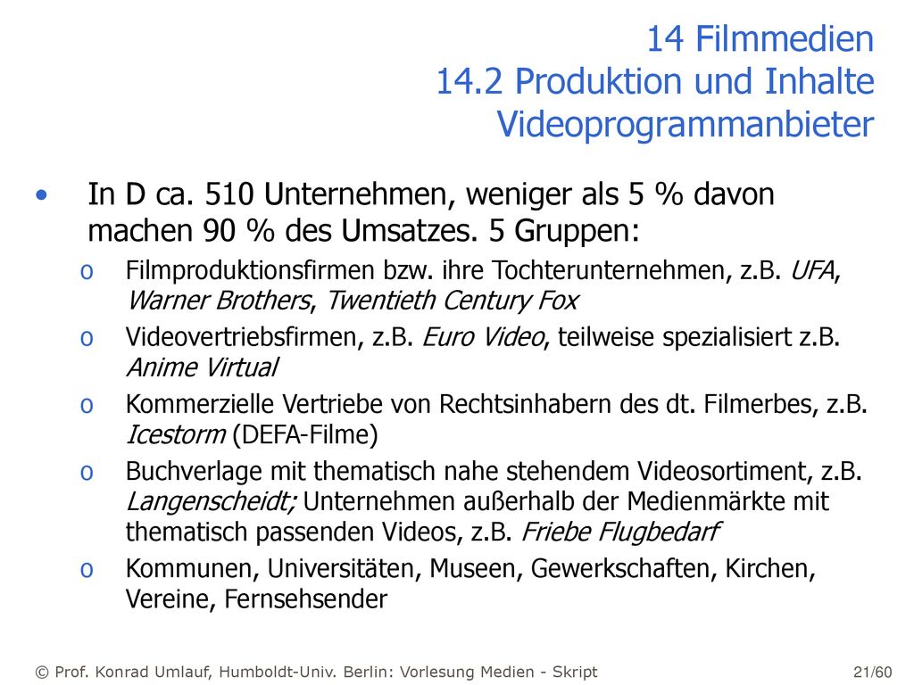 14 Filmmedien 14.2 Produktion und Inhalte Videoprogrammanbieter