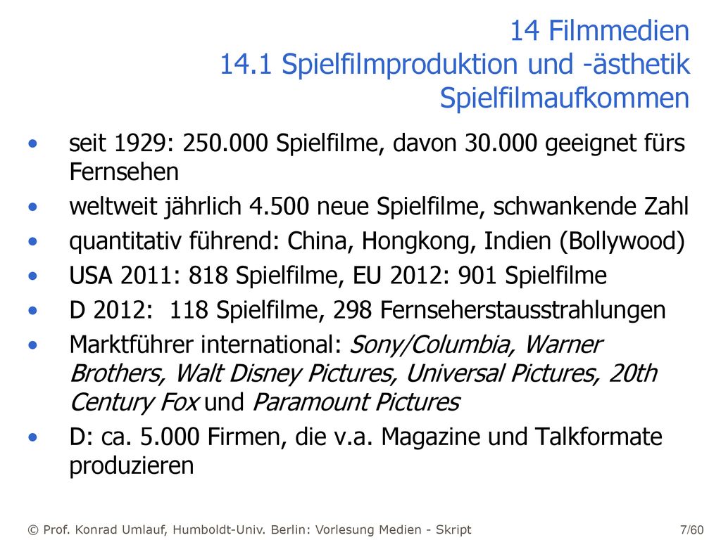14 Filmmedien 14.1 Spielfilmproduktion und -ästhetik Spielfilmaufkommen