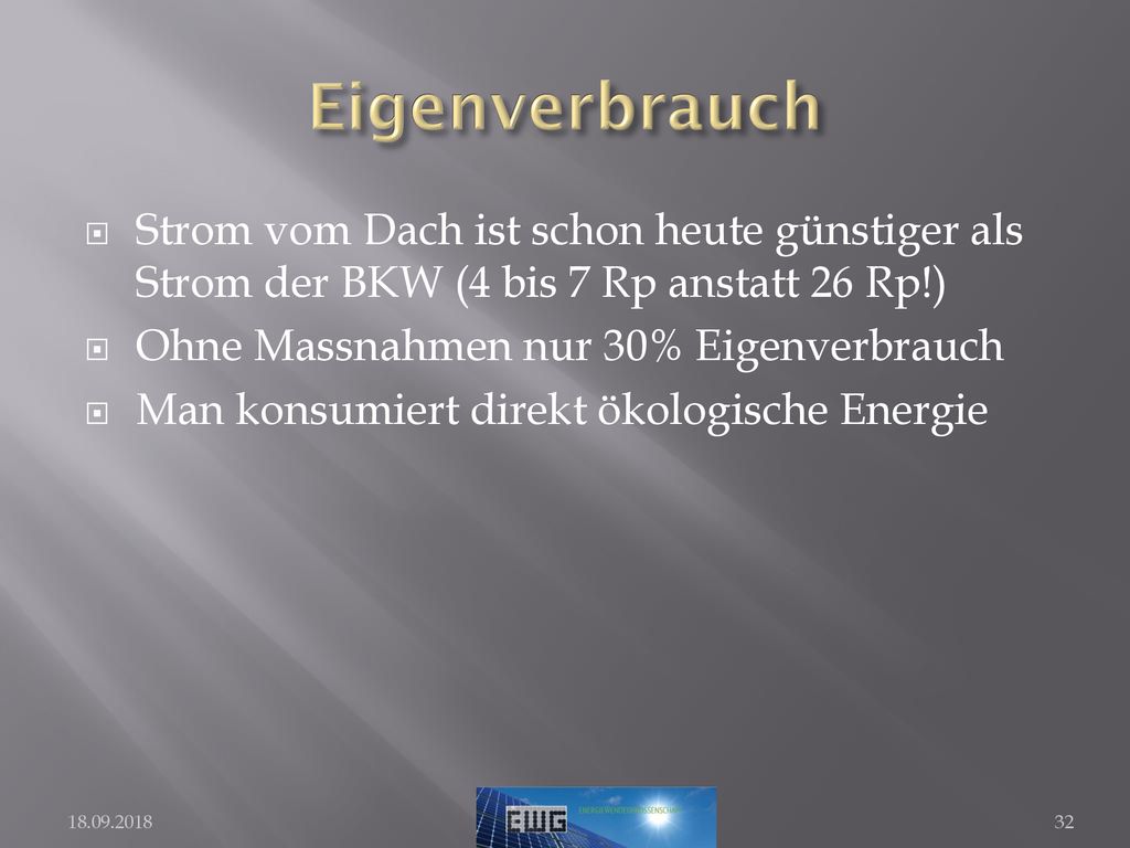 Eigenverbrauch Strom vom Dach ist schon heute günstiger als Strom der BKW (4 bis 7 Rp anstatt 26 Rp!)