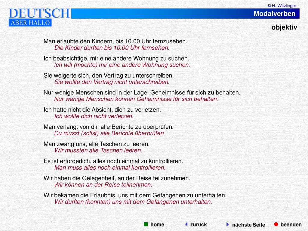 Modalverben objektiv  beenden  nächste Seite  home zurück