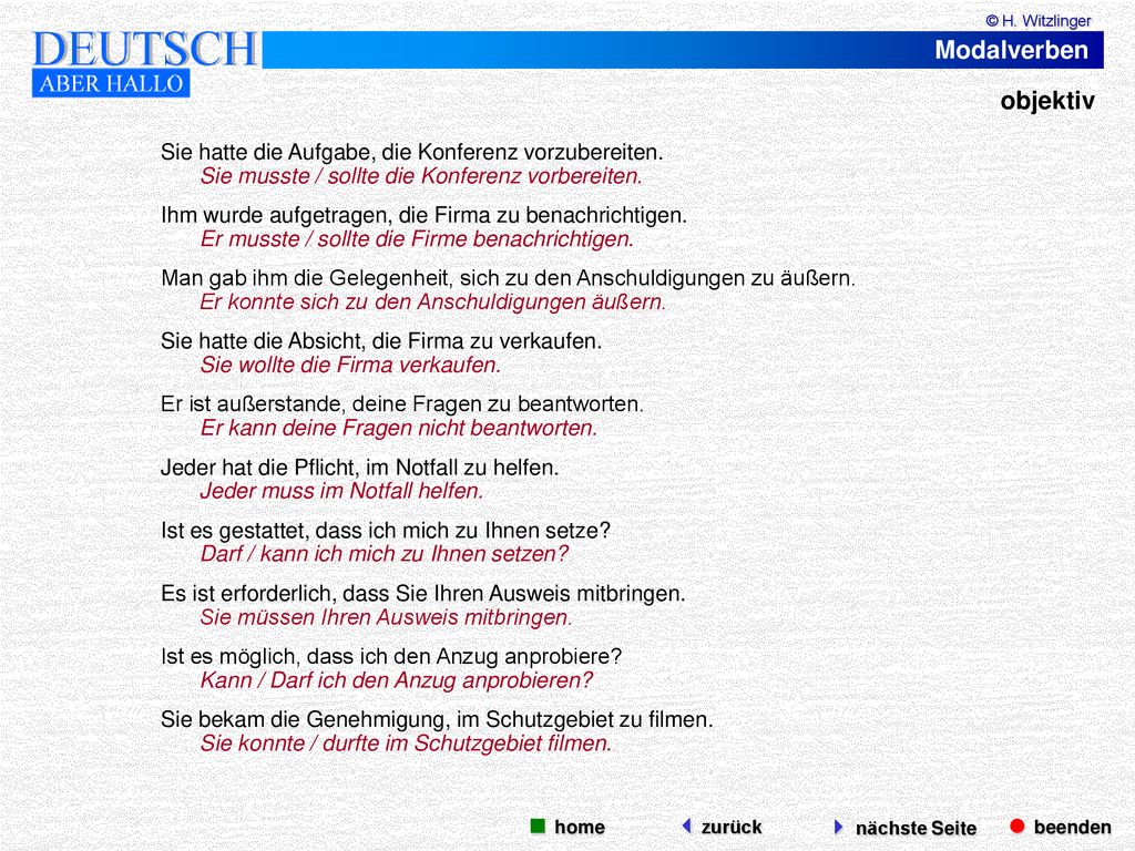 Modalverben objektiv  beenden  nächste Seite  home zurück