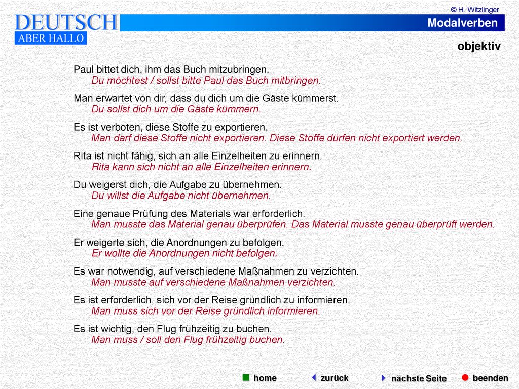 Modalverben objektiv  beenden  nächste Seite  home zurück