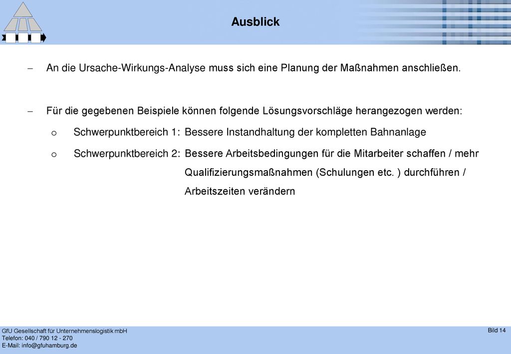 Ausblick An die Ursache-Wirkungs-Analyse muss sich eine Planung der Maßnahmen anschließen.