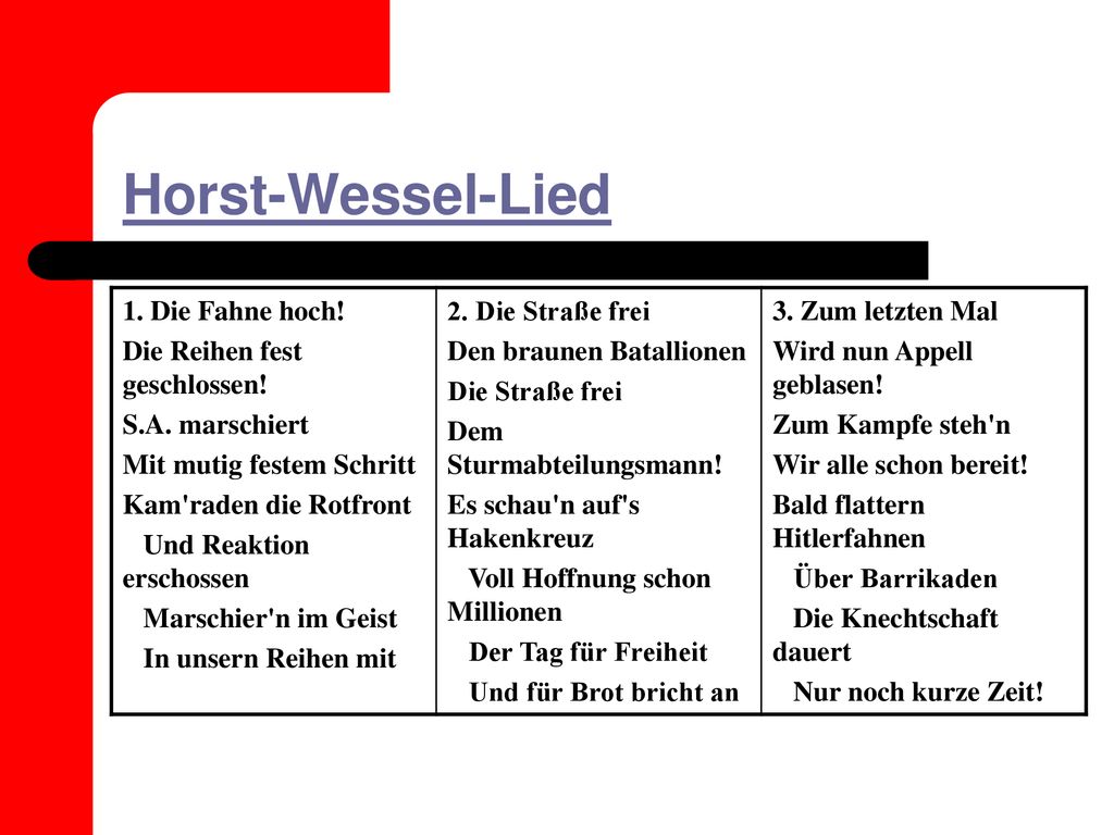 Horst-Wessel-Lied 1. Die Fahne hoch! Die Reihen fest geschlossen!