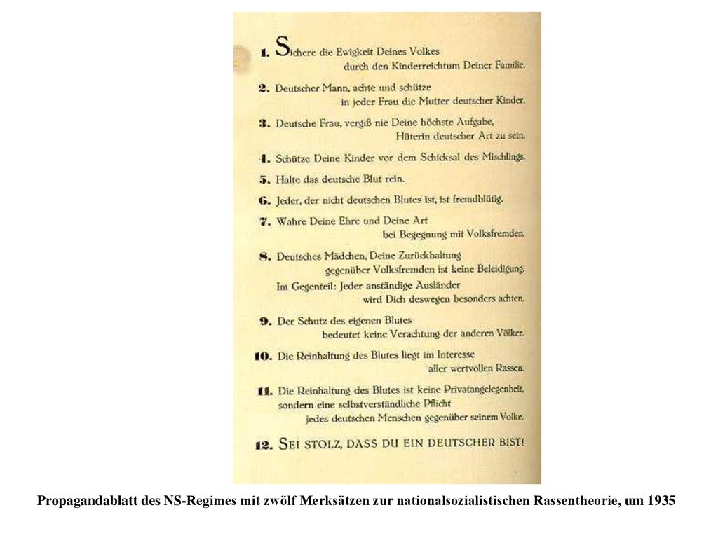 Merksätze Propagandablatt des NS-Regimes mit zwölf Merksätzen zur nationalsozialistischen Rassentheorie, um