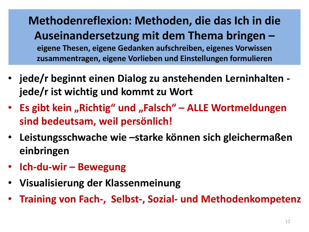Methodenreflexion: Methoden, die das Ich in die Auseinandersetzung mit dem Thema bringen – eigene Thesen, eigene Gedanken aufschreiben, eigenes Vorwissen zusammentragen, eigene Vorlieben und Einstellungen formulieren