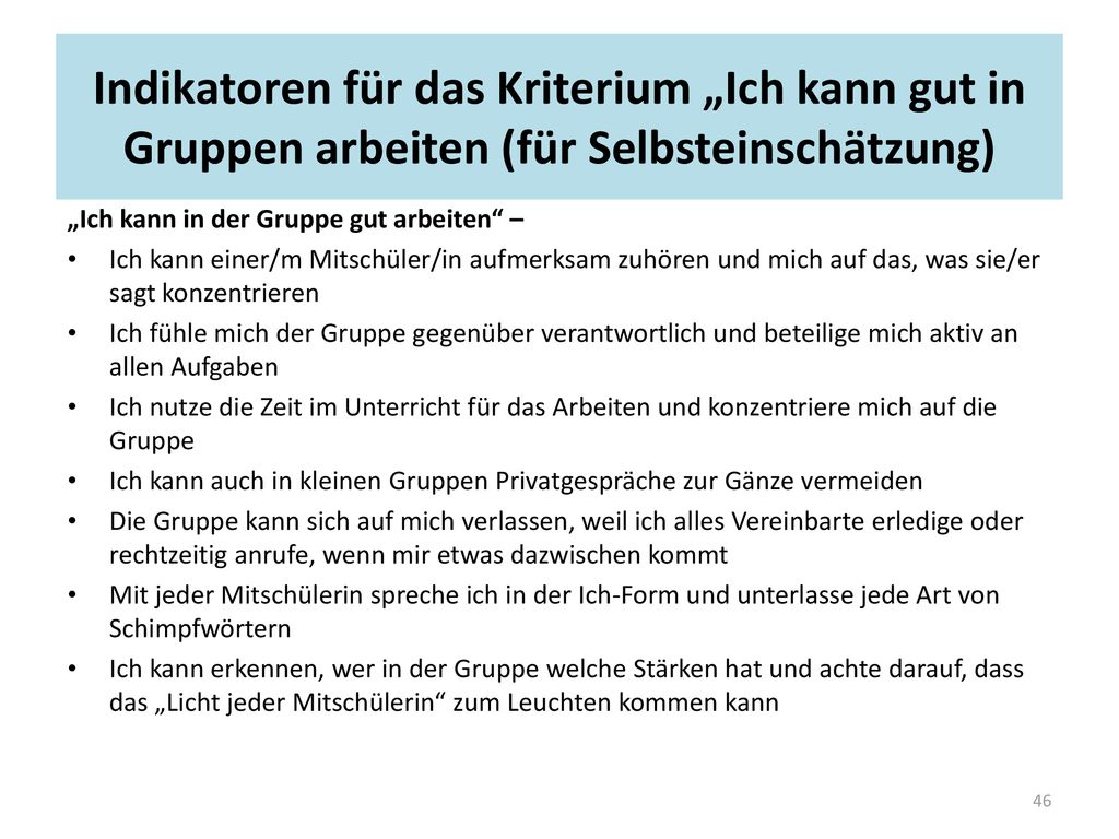Indikatoren für das Kriterium „Ich kann gut in Gruppen arbeiten (für Selbsteinschätzung)