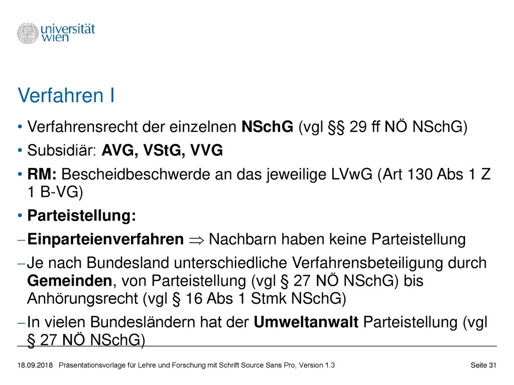 Verfahren I Verfahrensrecht der einzelnen NSchG (vgl §§ 29 ff NÖ NSchG) Subsidiär: AVG, VStG, VVG.