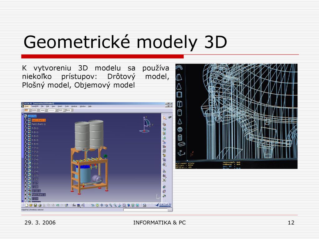 Geometrické modely 3D K vytvoreniu 3D modelu sa používa niekoľko prístupov: Drôtový model, Plošný model, Objemový model.