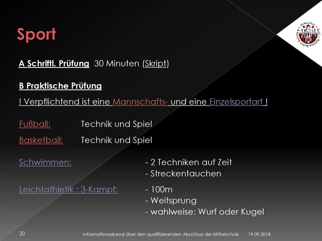 Sport A Schriftl. Prüfung 30 Minuten (Skript) B Praktische Prüfung