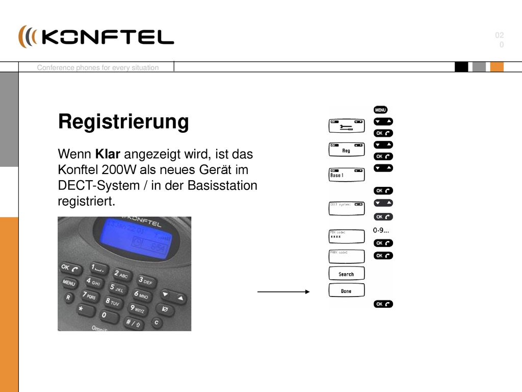 Registrierung Wenn Klar angezeigt wird, ist das Konftel 200W als neues Gerät im DECT-System / in der Basisstation registriert.