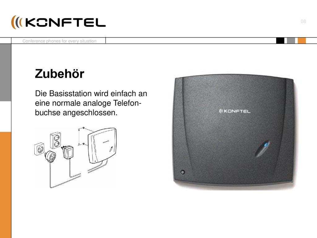 Zubehör Die Basisstation wird einfach an eine normale analoge Telefon-buchse angeschlossen.