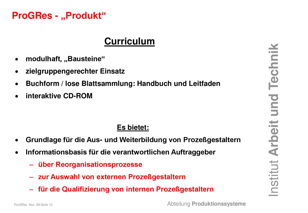 ProGRes - „Produkt Curriculum modulhaft, „Bausteine