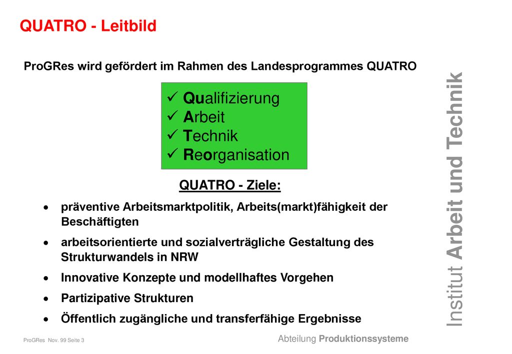 QUATRO - Leitbild  Qualifizierung  Arbeit  Technik  Reorganisation