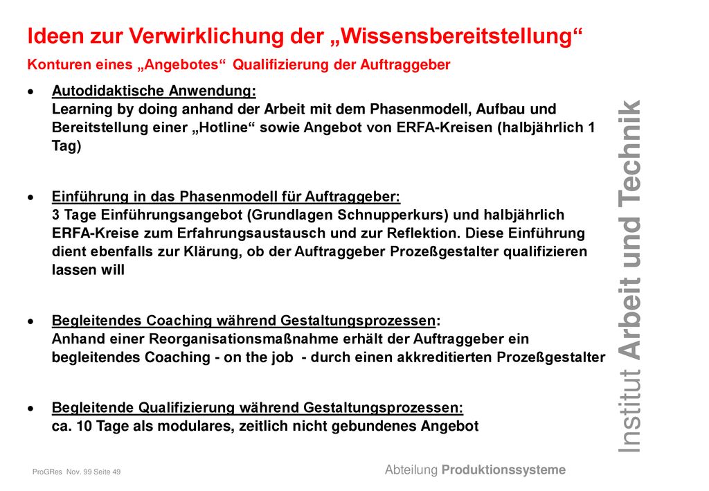 Ideen zur Verwirklichung der „Wissensbereitstellung Konturen eines „Angebotes Qualifizierung der Auftraggeber