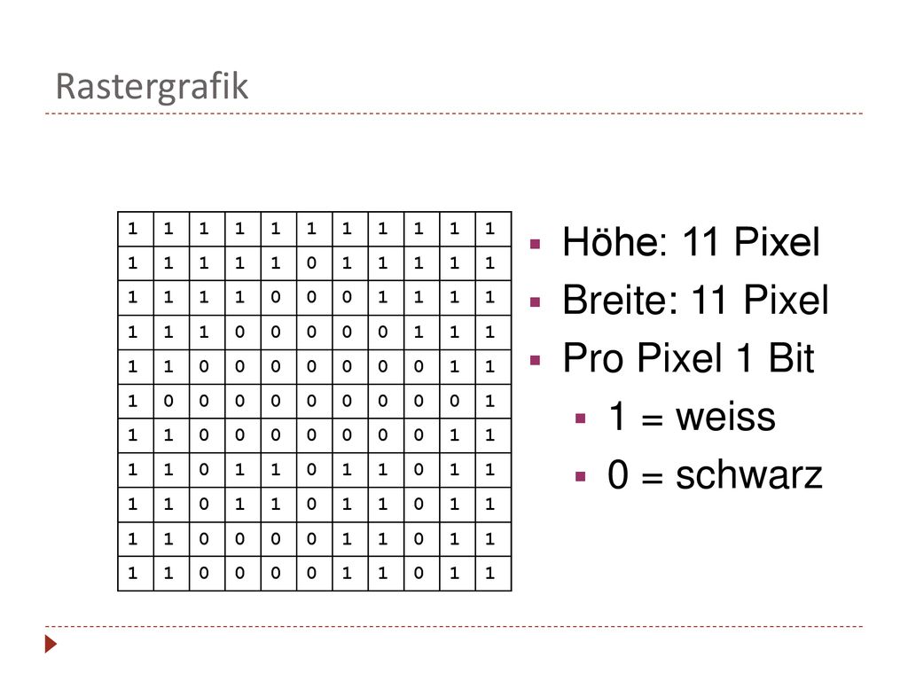 Rastergrafik Höhe: 11 Pixel Breite: 11 Pixel Pro Pixel 1 Bit 1 = weiss