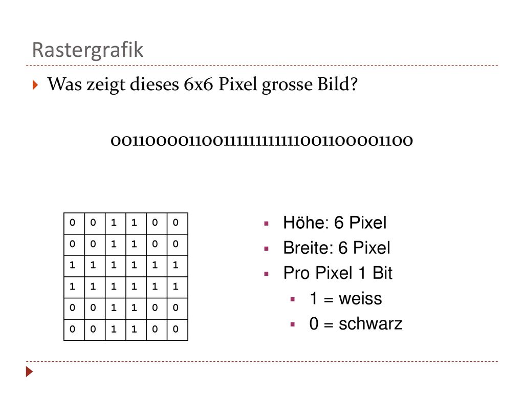 Rastergrafik Was zeigt dieses 6x6 Pixel grosse Bild Höhe: 6 Pixel.
