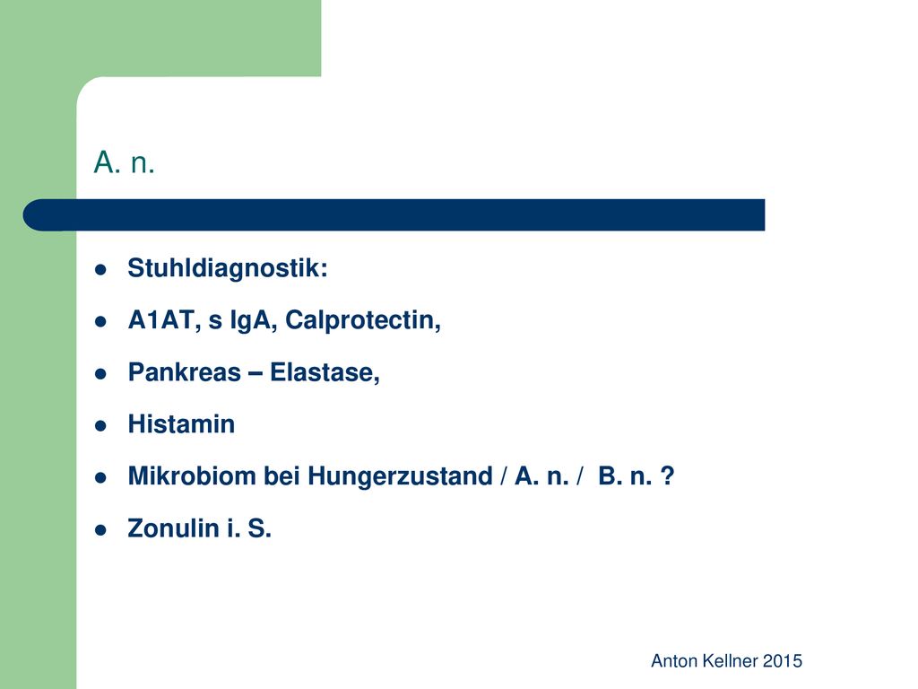 A. n. Stuhldiagnostik: A1AT, s IgA, Calprotectin, Pankreas – Elastase,