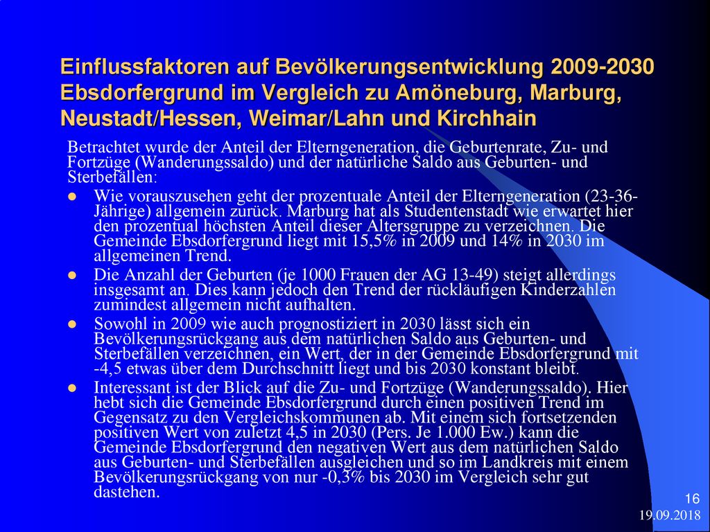 Einflussfaktoren auf Bevölkerungsentwicklung Ebsdorfergrund im Vergleich zu Amöneburg, Marburg, Neustadt/Hessen, Weimar/Lahn und Kirchhain