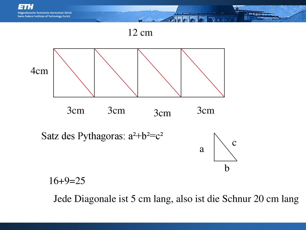 12 cm 4cm. 3cm. 3cm. 3cm. 3cm. Satz des Pythagoras: a²+b²=c². c. a. b. 16+9=25.