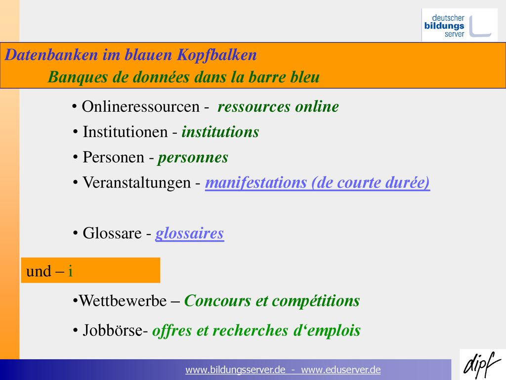 Datenbanken im blauen Kopfbalken Banques de données dans la barre bleu
