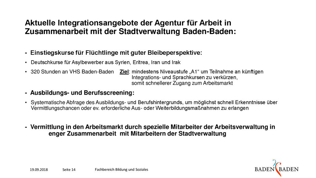 Aktuelle Integrationsangebote der Agentur für Arbeit in Zusammenarbeit mit der Stadtverwaltung Baden-Baden: