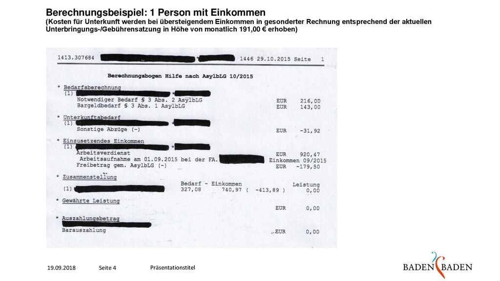 Berechnungsbeispiel: 1 Person mit Einkommen (Kosten für Unterkunft werden bei übersteigendem Einkommen in gesonderter Rechnung entsprechend der aktuellen Unterbringungs-/Gebührensatzung in Höhe von monatlich 191,00 € erhoben)