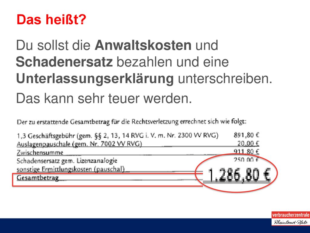 Das heißt Du sollst die Anwaltskosten und Schadenersatz bezahlen und eine Unterlassungserklärung unterschreiben.