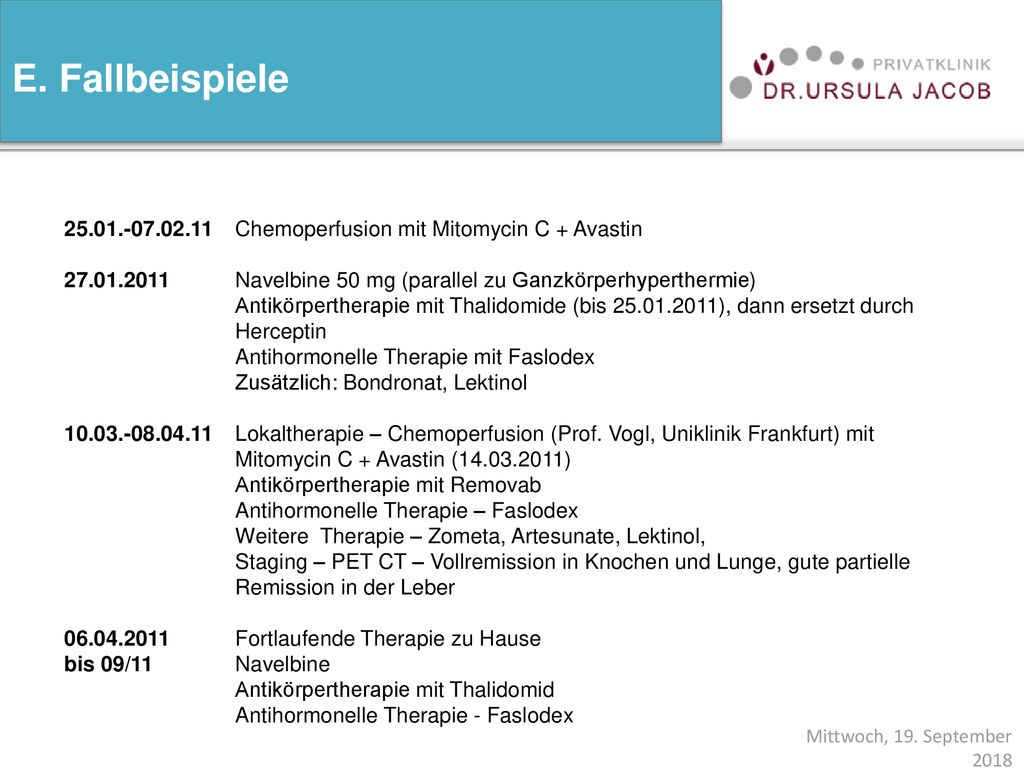 Mittwoch, 19. September 2018 E. Fallbeispiele Chemoperfusion mit Mitomycin C + Avastin.