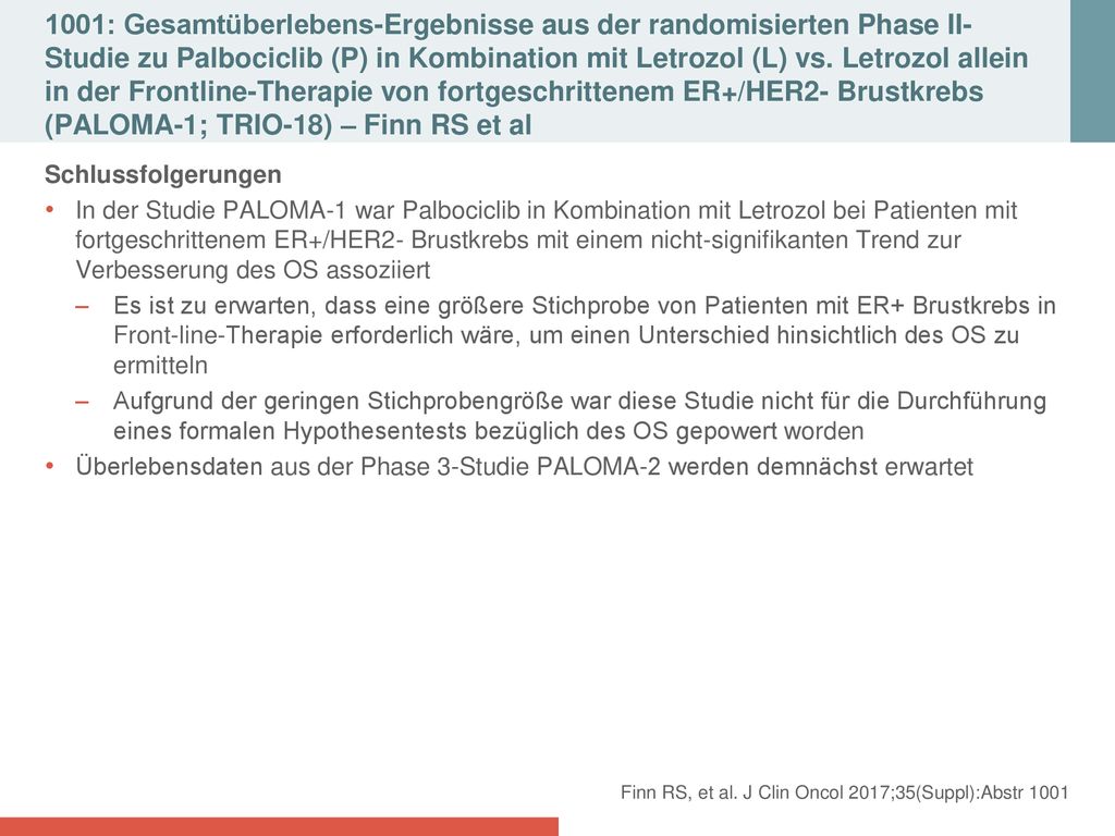 1001: Gesamtüberlebens-Ergebnisse aus der randomisierten Phase II-Studie zu Palbociclib (P) in Kombination mit Letrozol (L) vs. Letrozol allein in der Frontline-Therapie von fortgeschrittenem ER+/HER2- Brustkrebs (PALOMA-1; TRIO-18) – Finn RS et al