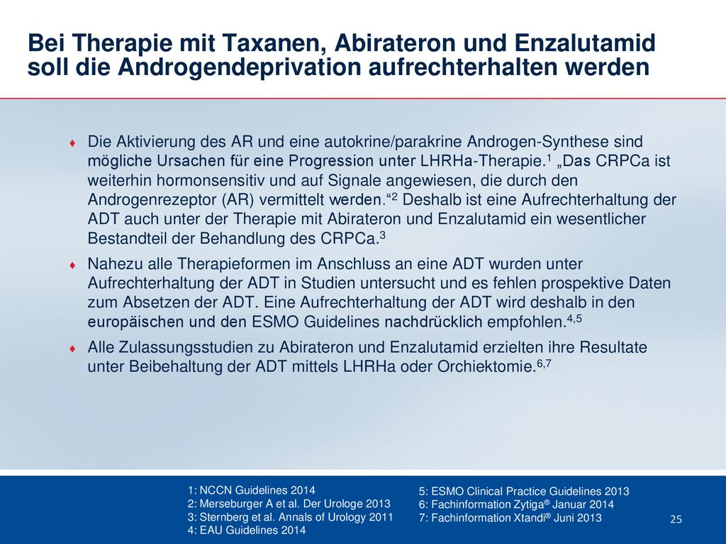 Bei Therapie mit Taxanen, Abirateron und Enzalutamid soll die Androgendeprivation aufrechterhalten werden