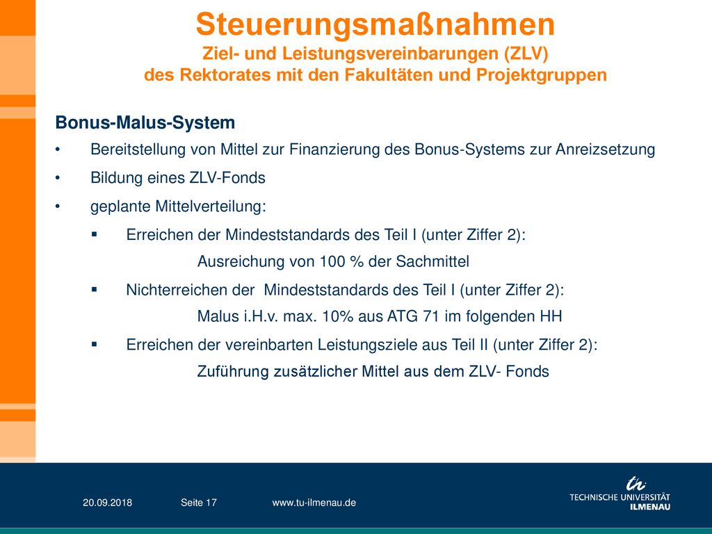 Steuerungsmaßnahmen Ziel- und Leistungsvereinbarungen (ZLV) des Rektorates mit den Fakultäten und Projektgruppen