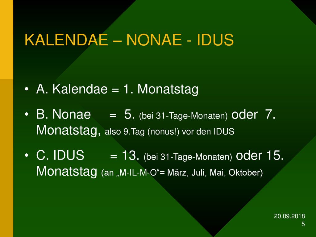 KALENDAE – NONAE - IDUS A. Kalendae = 1. Monatstag