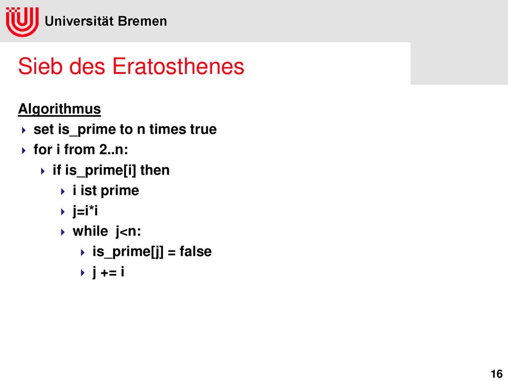 Sieb des Eratosthenes Algorithmus set is_prime to n times true