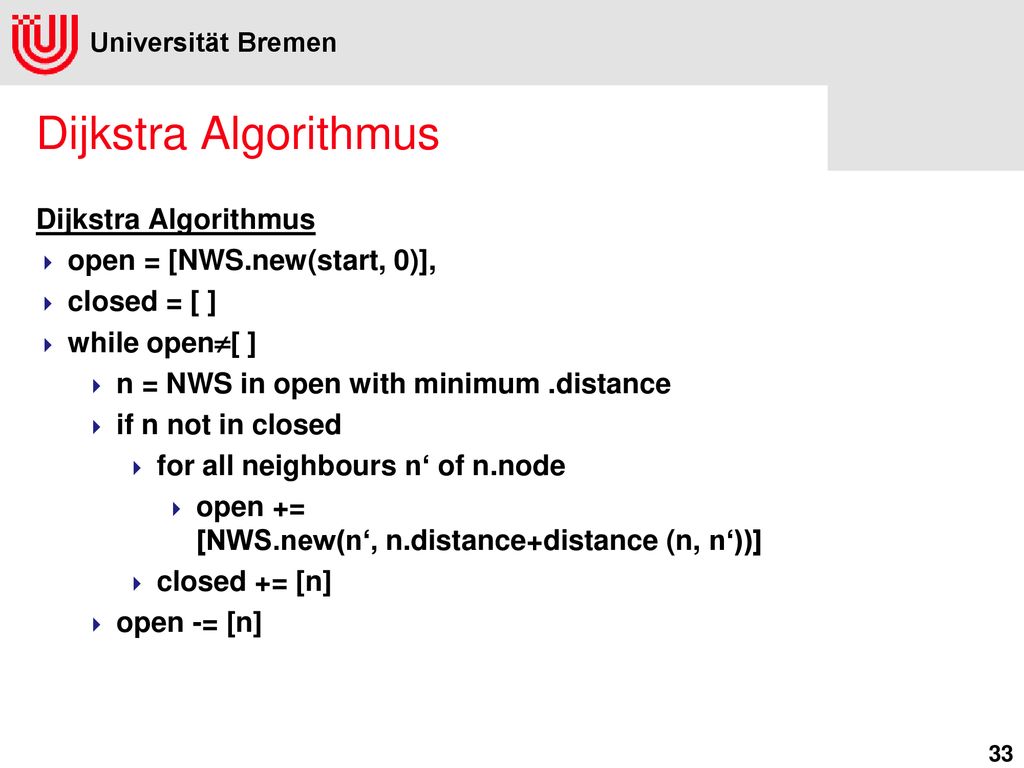 Dijkstra Algorithmus Dijkstra Algorithmus open = [NWS.new(start, 0)],