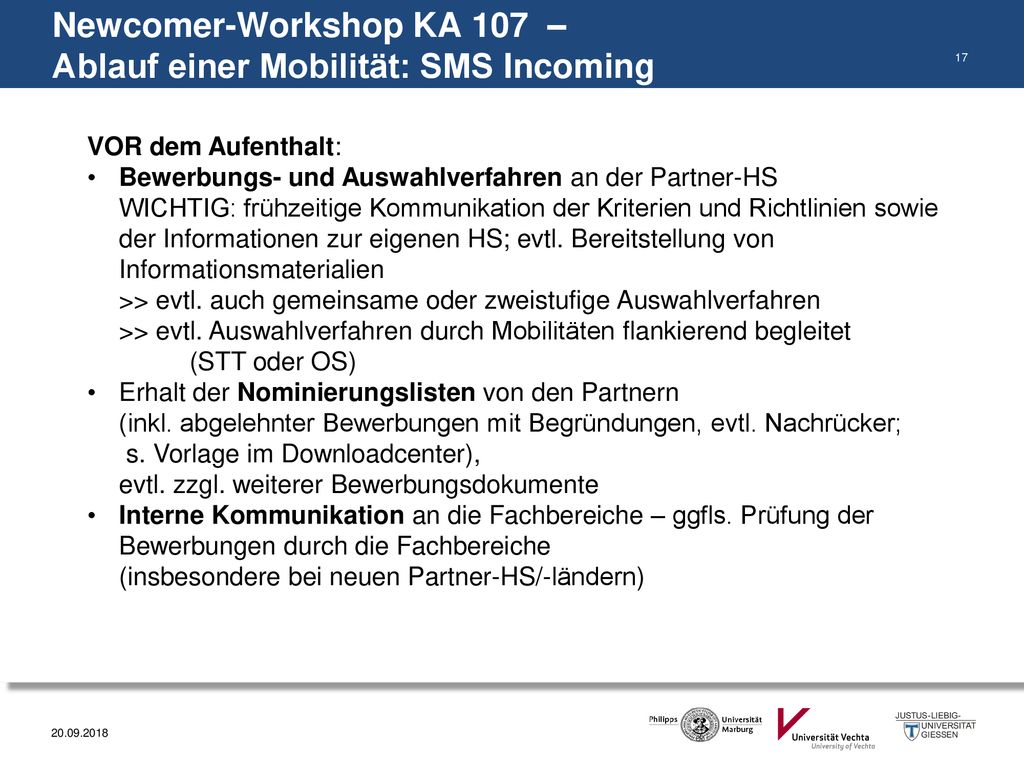 Newcomer-Workshop KA 107 – Ablauf einer Mobilität: SMS Incoming