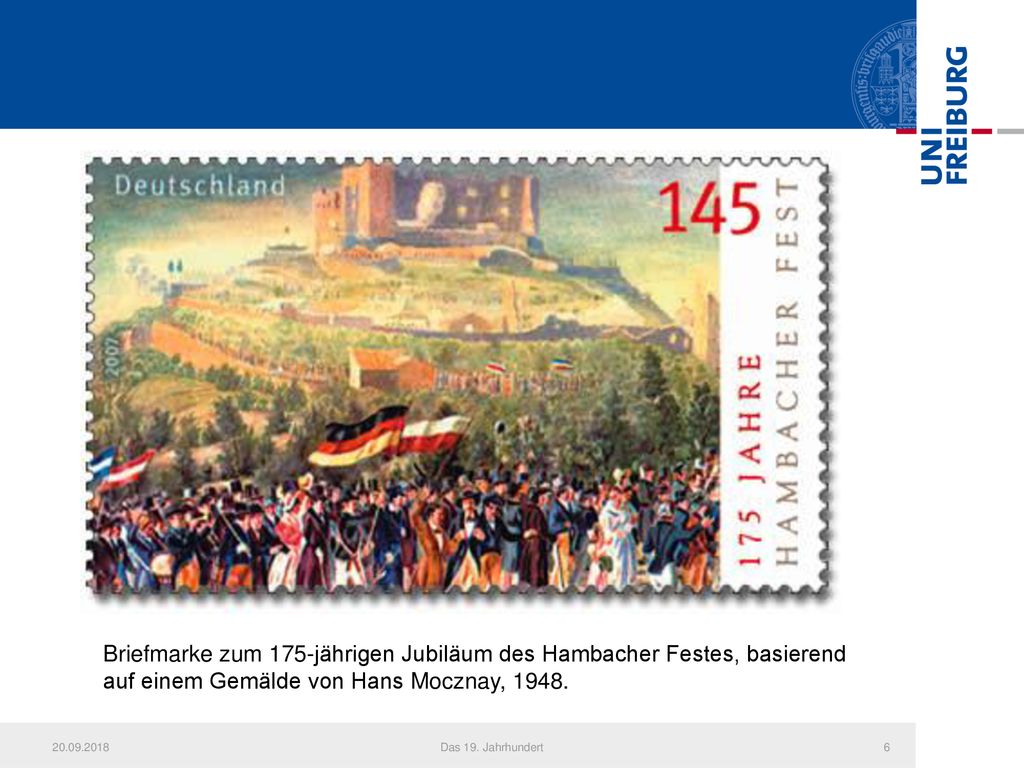 Briefmarke zum 175-jährigen Jubiläum des Hambacher Festes, basierend auf einem Gemälde von Hans Mocznay, 1948.