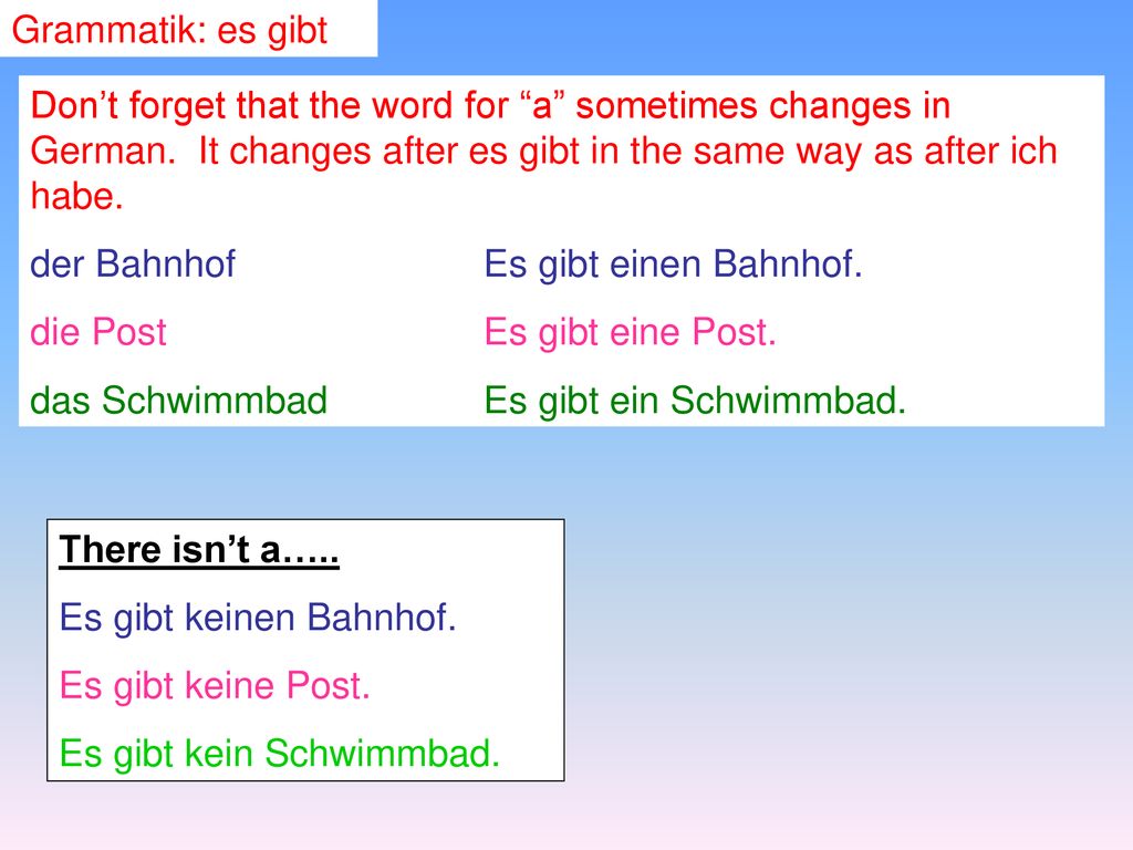 Grammatik: es gibt Don’t forget that the word for a sometimes changes in German. It changes after es gibt in the same way as after ich habe.