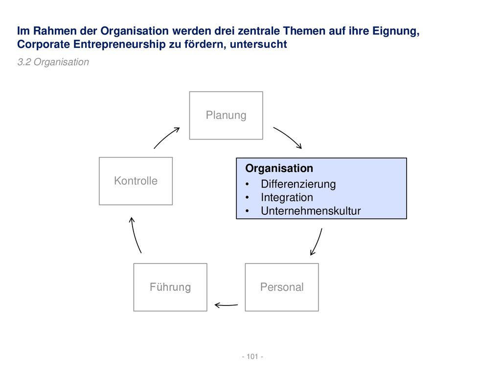 Im Rahmen der Organisation werden drei zentrale Themen auf ihre Eignung, Corporate Entrepreneurship zu fördern, untersucht