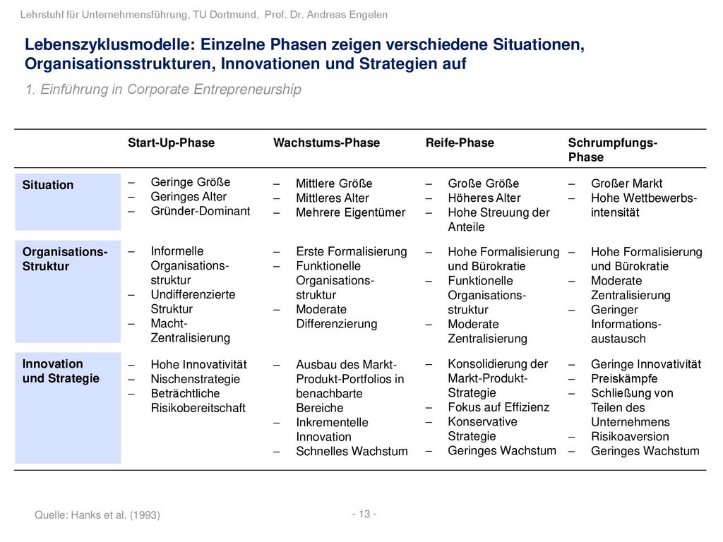 Lebenszyklusmodelle: Einzelne Phasen zeigen verschiedene Situationen, Organisationsstrukturen, Innovationen und Strategien auf