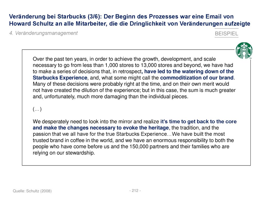 Veränderung bei Starbucks (3/6): Der Beginn des Prozesses war eine  von Howard Schultz an alle Mitarbeiter, die die Dringlichkeit von Veränderungen aufzeigte