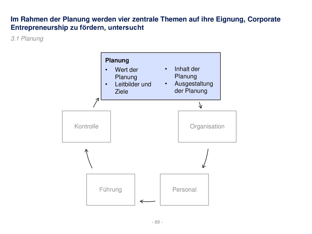 Im Rahmen der Planung werden vier zentrale Themen auf ihre Eignung, Corporate Entrepreneurship zu fördern, untersucht