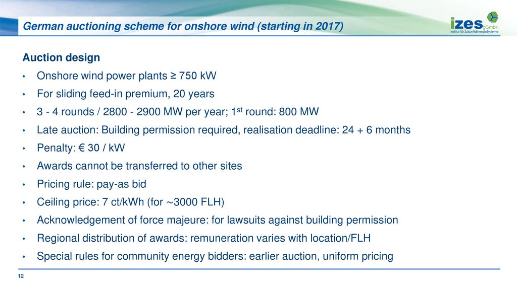 German auctioning scheme for onshore wind (starting in 2017)
