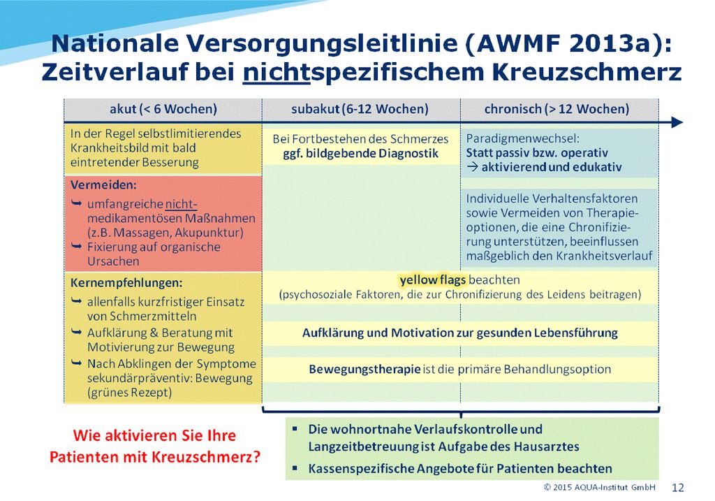 Die Einteilung akut/subakut/chronisch basiert auf der Nationalen Versorgungsleitlinie Kreuzschmerzen (AWMF 2013a).