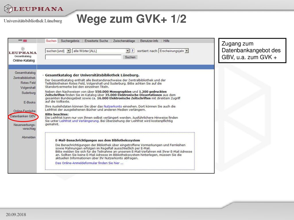 Wege zum GVK+ 1/2 Zugang zum Datenbankangebot des GBV, u.a. zum GVK +