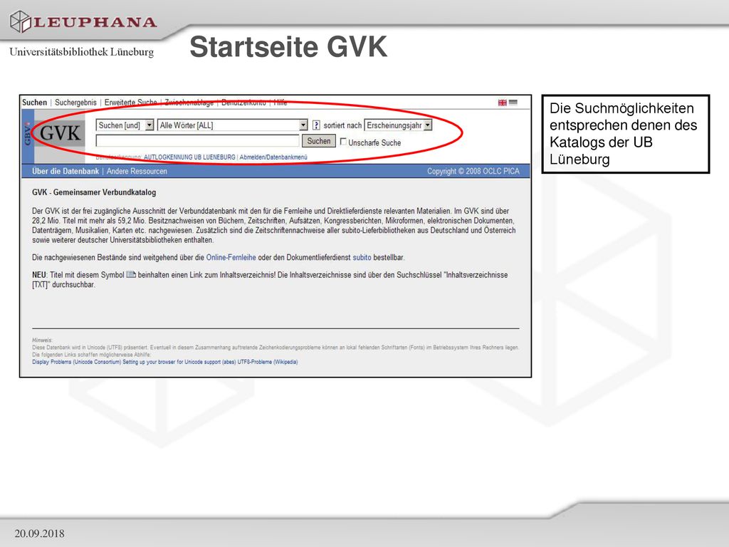 Startseite GVK Die Suchmöglichkeiten entsprechen denen des Katalogs der UB Lüneburg