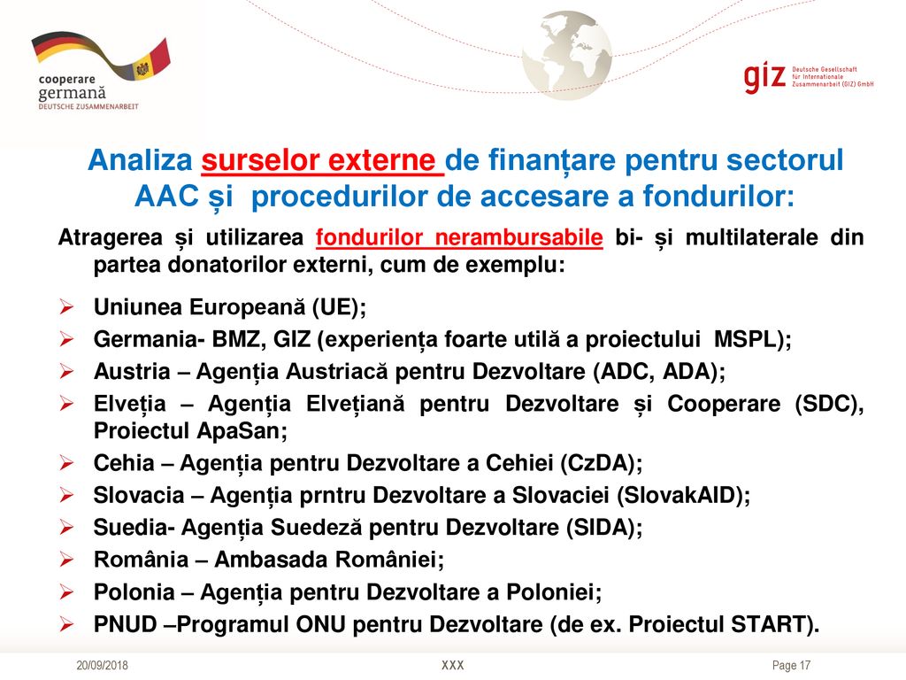 Analiza surselor externe de finanțare pentru sectorul AAC și procedurilor de accesare a fondurilor: