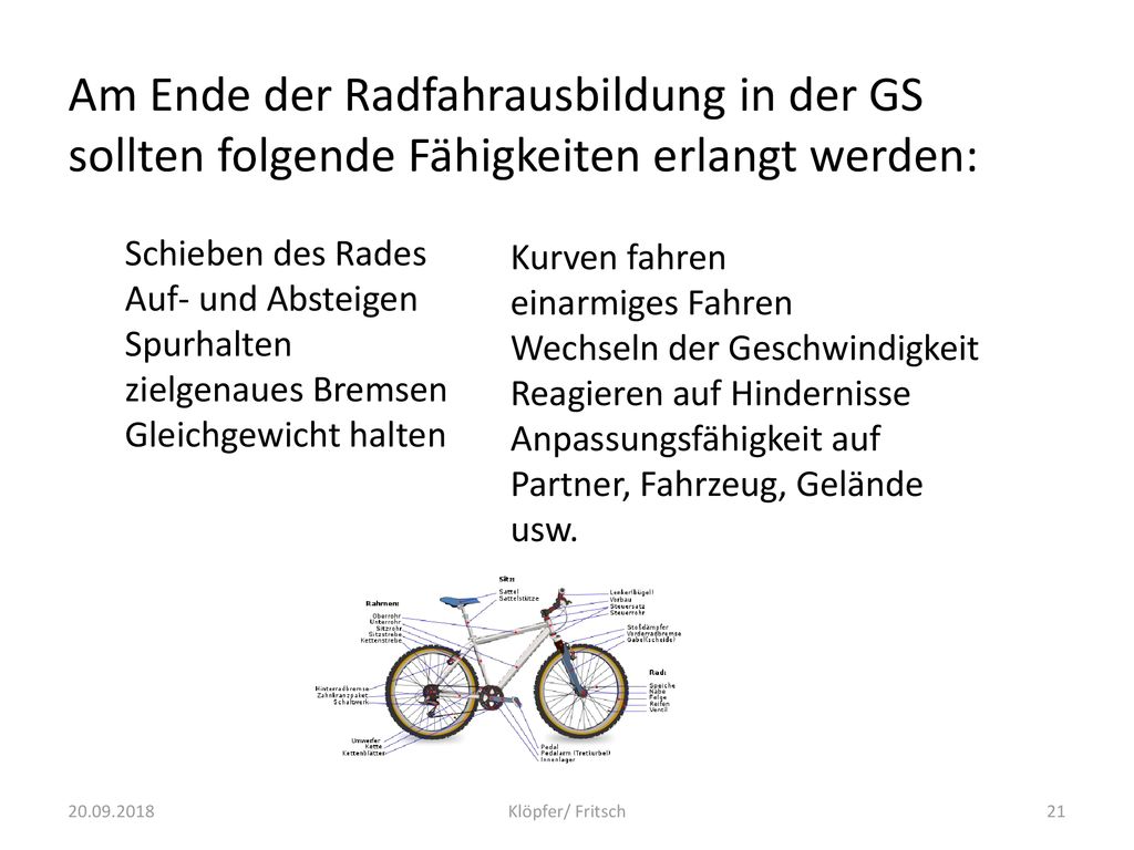 Am Ende der Radfahrausbildung in der GS sollten folgende Fähigkeiten erlangt werden: